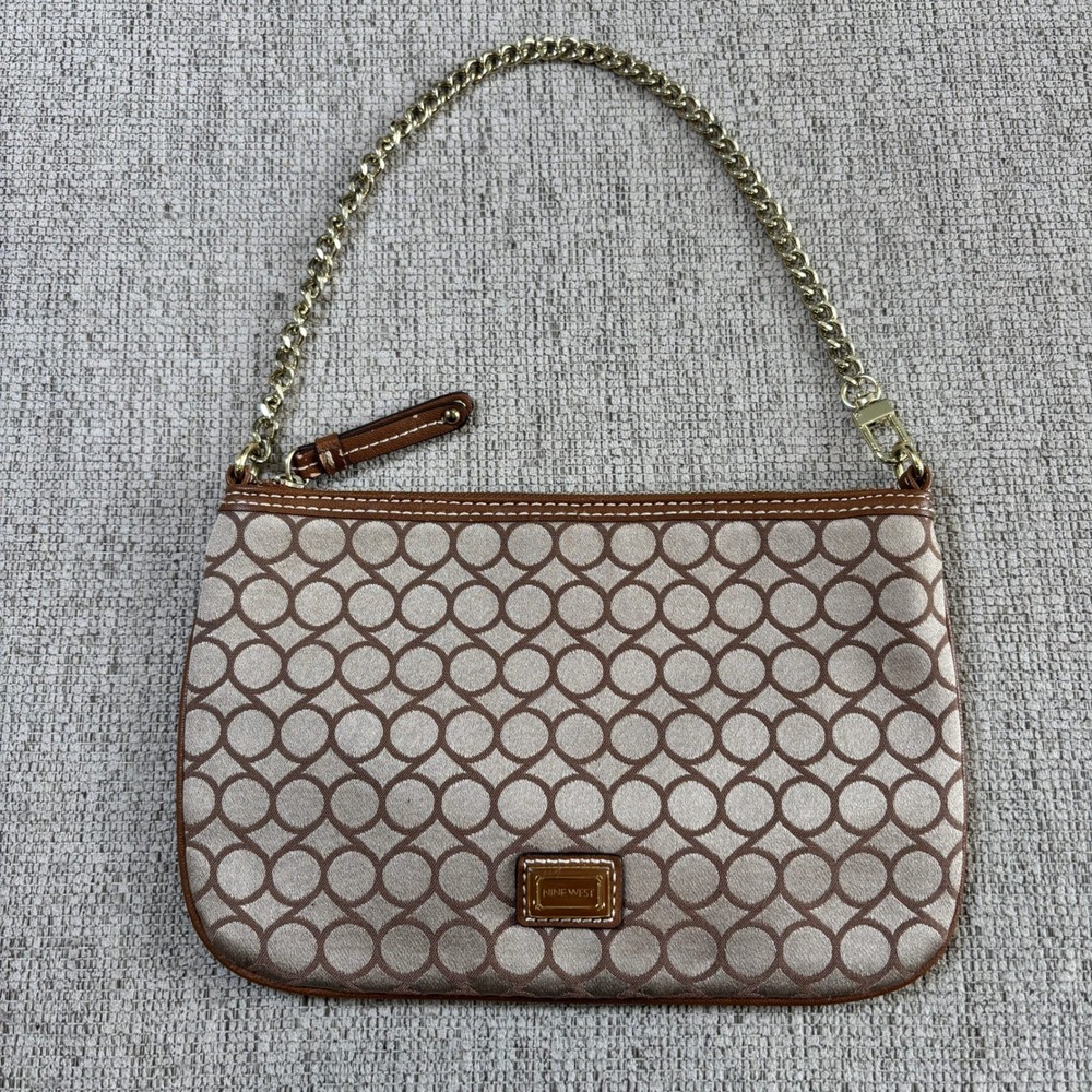 Nine West Monogram Clutch‎ Chain Strap Wristlet Brown Tan Gold